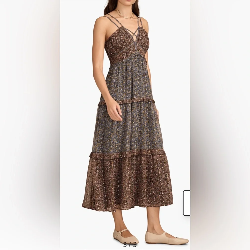 Lucky Brand Ruffle Floral Maxi Sundress Blue Brown w Gold  Size Large - Picture 5 of 16